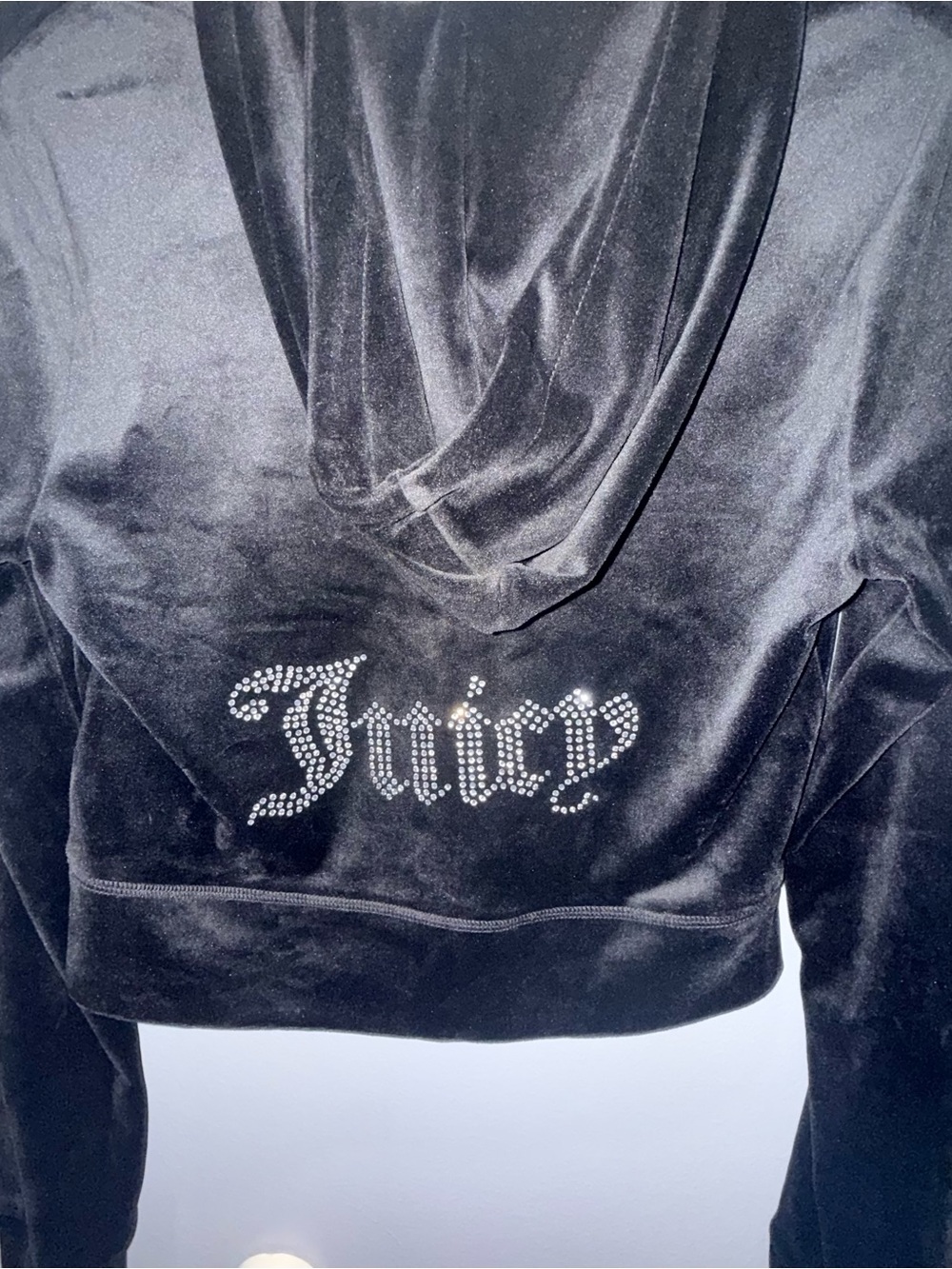 Juicy‎ Couture Black Velour Cropped Hoodie with Rhinestone Juicy Logo
